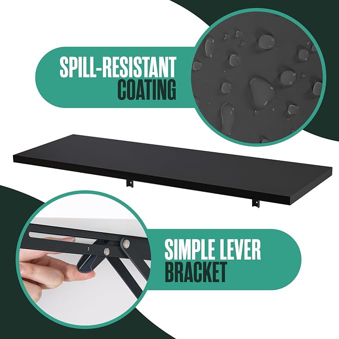 Houseables Wall Mounted Desk, Murphy Desk, Wall Mounted Folding Table, Laundry Folding Table, Fold Down Work Bench, Foldable Mount Station, Floating Bar, Hanging, Dining, Kitchen, Clothes, 48x16 Black