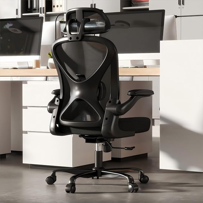 Ergonomic Office Chair with Adjustable Lumbar Support and Headrest, 300 lbs Swivel Desk Chair with Flip-Up Arms, Mesh Comfy Padded Seat for Computer and Home, Black