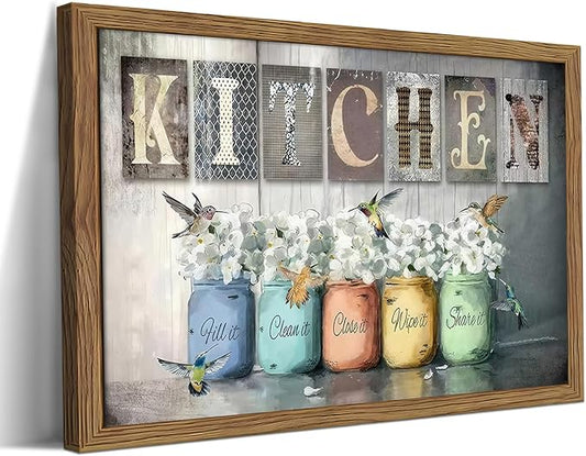 Framed Vintage Kitchen Canvas Wall Art, Retro Letter Signs with Colorful Jars, Florals and Birds Prints, Rustic Farmhouse Wood Grain Poster, Cottagecore Wall Decor for Kitchen Dining Room, 16x24in
