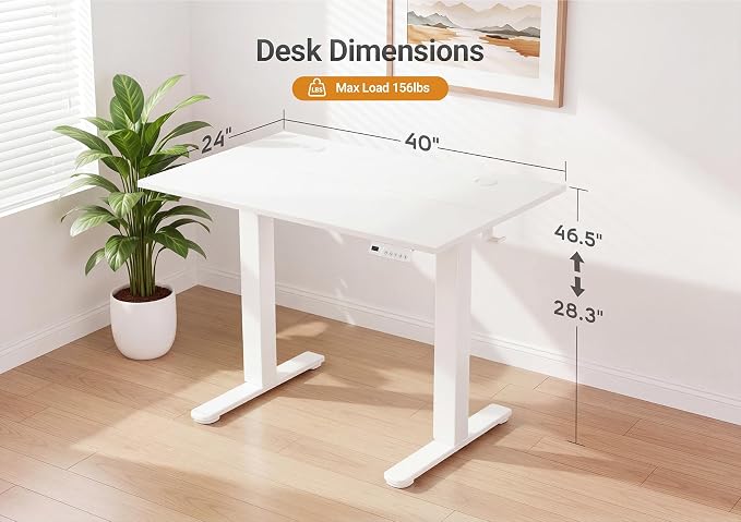 YDN Electric Standing Desk, 40x24 Inch, White | 3 Memory Presets, Cable Management, Adjustable Height, Sit Stand, Computer Workstation, Home Office