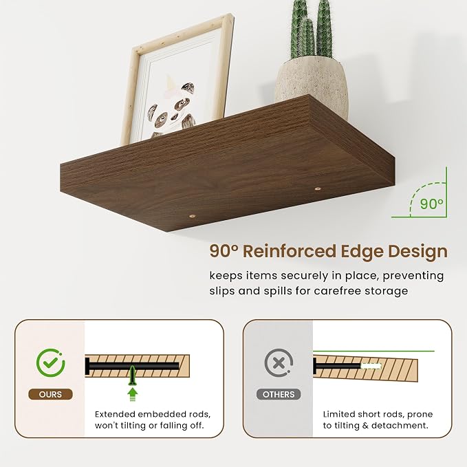 16in Floating Shelves for Wall, 16"W x 9.25"D x 1.25"H, 2 Pack Long Wall Mounted Engineered Wood Shelves with Invisible Brackets for Living Room, Bedroom, Bathroom, Kitchen Decor and Storage, Walnut