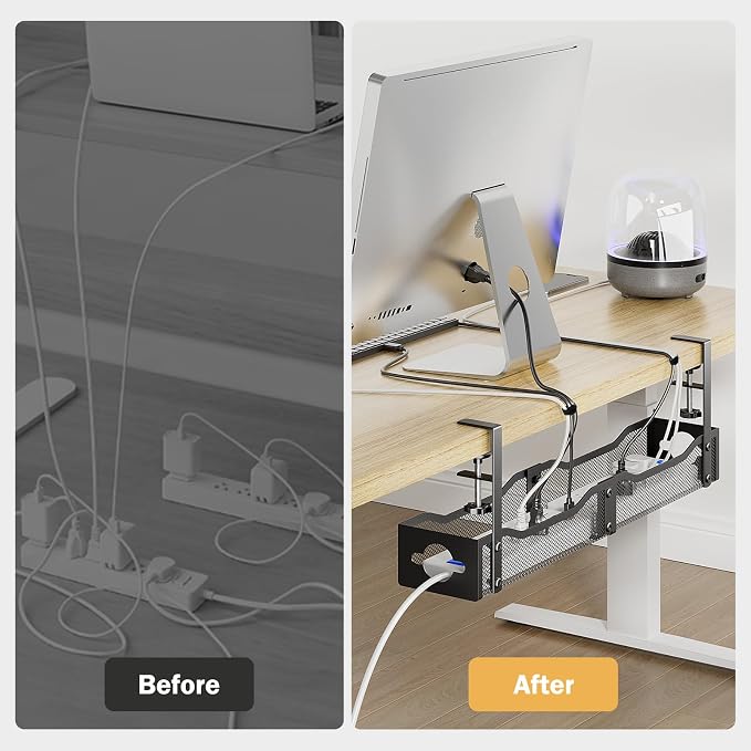 DELAMU 25'' Upgraded No Drilling Under Desk Cable Management Tray, Black | Under Desk Cable Management, Extra-Long, No Tools Required Installation, Height-adjustable, Home Office Gaming Accessories