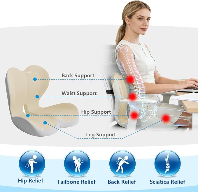 Ergonomic Memory Foam Seat Cushion with Strap for Office Chair, Beige Grey | Contoured coccyx cutout supports back and butt, with a non-slip base and washable cover for office chairs and cars.