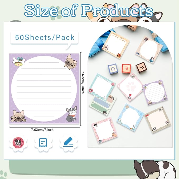 French Bulldog Dog Sticky Notes Gifts, 9 Pack Cartoon French Bulldog Notepads 3x3 Inch Gifts for Women Men, Cute Dog Self-Adhesive Memo Pads, Puppy Office School Supplies (450 Sheets)