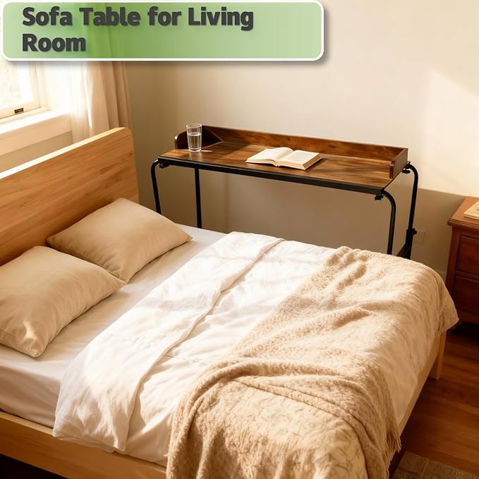 Overbed Table with Wheels and Desktop Enclosure, Height and Length Adjustable Over Bed Desk King Queen Bed Table Overbed Laptop Table (Rustic Brown)