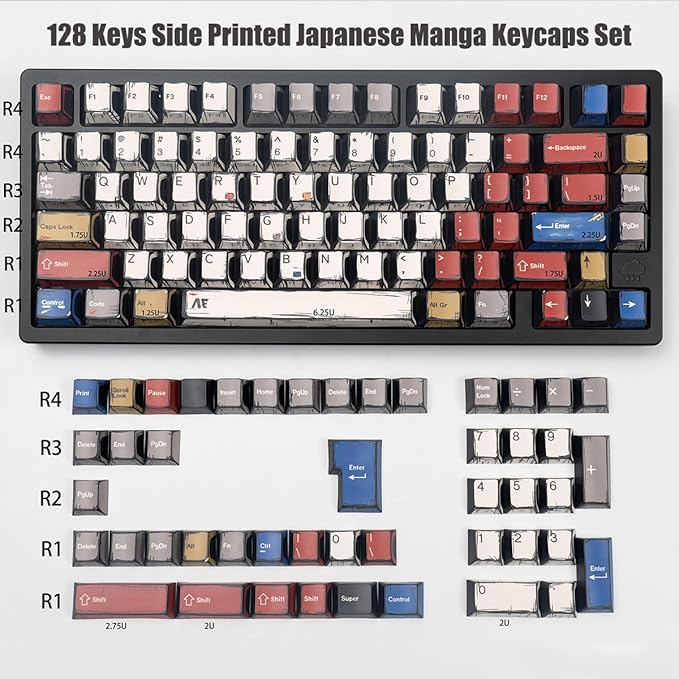 Japanese Manga Keycaps, PBT Side Printed Keycaps, Retro Custom Cherry Profile Keycap Set, 128 Keys Cool Anime Key Caps for 60%, 65%, 75%, 100% Cherry MX Switches Mechanical Keyboard