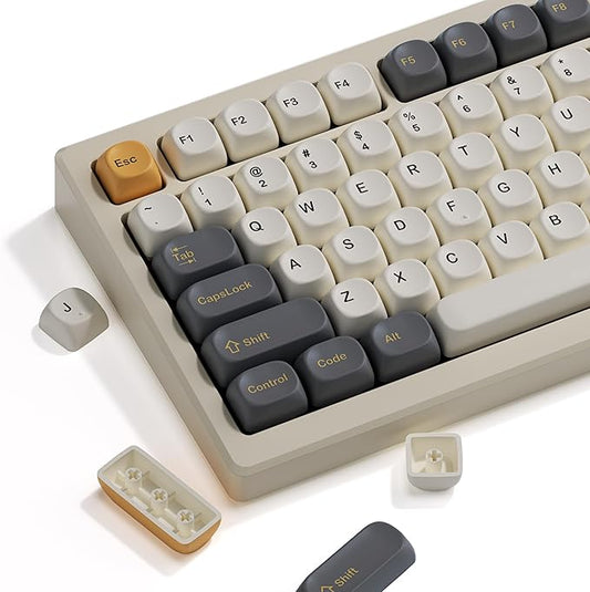 Keymatic 137 Double Shot PBT Keycaps Set MOA Custom Retro keycaps for 61/64/68/84/87/100/104/108 Retro Gaming Mechanical Keyboard Gray Gold(Only Keycap Set)