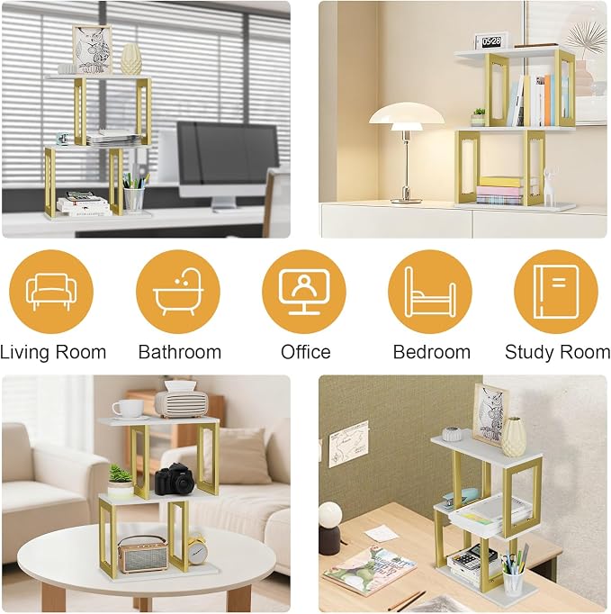 BOHDK Book Shelf, 3-Tier Small Bookshelf for Desk Organizer Corner Bookshelf Table Top Shelving, White & Gold Decor Aesthetic Desk Hutch for Office Home Dorm