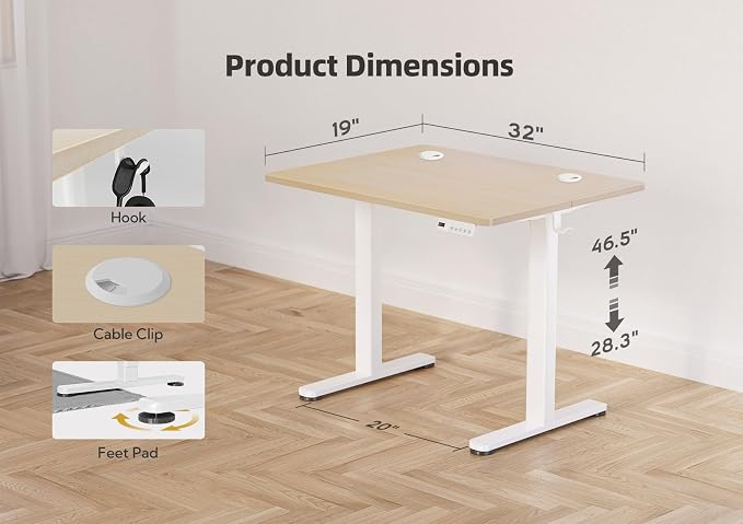YDN Electric Standing Desk Adjustable Height, 32 x 19 Inches Stand up Desk with Cable Management, Home Office Desks with Splice Board & White Frame, Nature Top