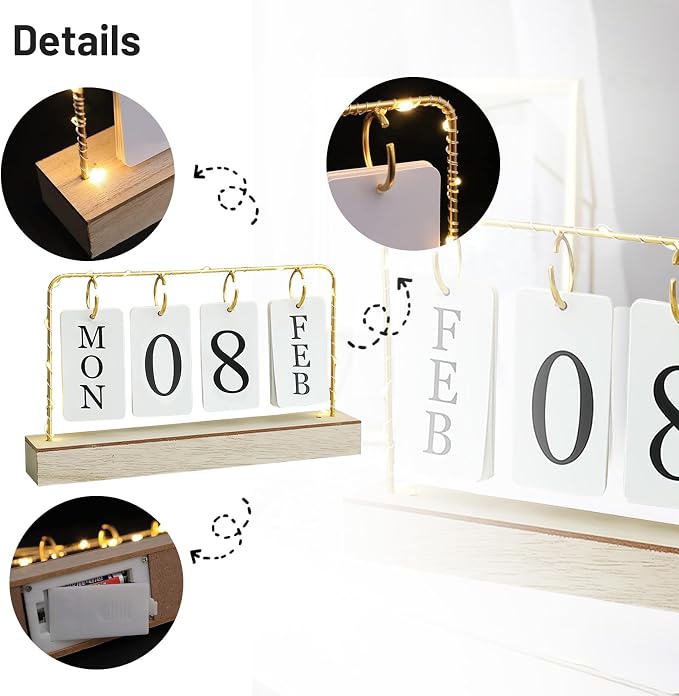 AUSTUFF Flip Wooden Perpetual Calendar Decor Gold Metal Stand with Light | Paper Monthly Daily Calendar For Daily Office Home Decor Reusable Office Accessory