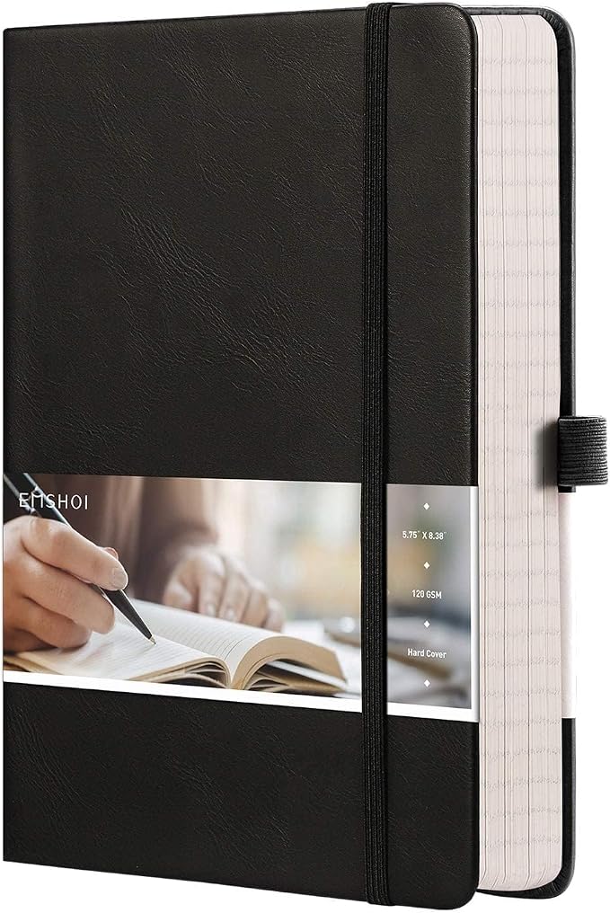 EMSHOI A5 College Ruled Notebook, 256 Numbered Pages 120GSM Ink-Proof Faux Leather Hardcover Lay-Flat Lined Journal for Work Office School Travel Writing, Small 5.75" x 8.38", Black