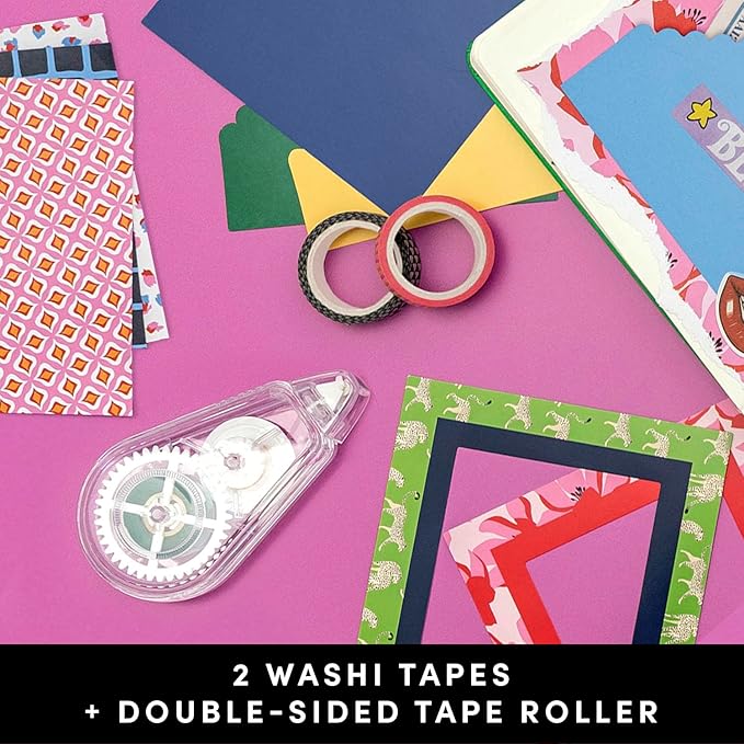 PAPERAGE Junk Journal & Scrapbook Kit, Hardcover Blank Journal Notebook, 20 Patterned Papers, 8 Sticker Sheets, 20 Die-Cut Shapes, 2 Washi Tapes & Tape Roller, Creative Journaling Supplies - Navy