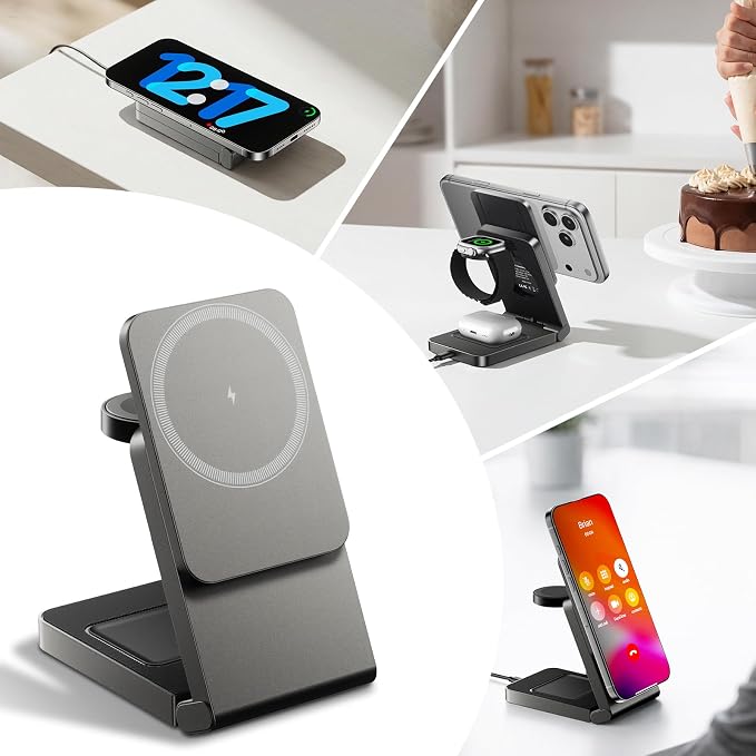 3 in 1 Wireless Charger Station for Multiple Devices, Foldable Magnetic Charging Stand, Portable Fast Travel Wireless Charger for iPhone17/16/15/14/13/12 Pro Max/ AirPods2/3/4 and IWatch Ultra Series