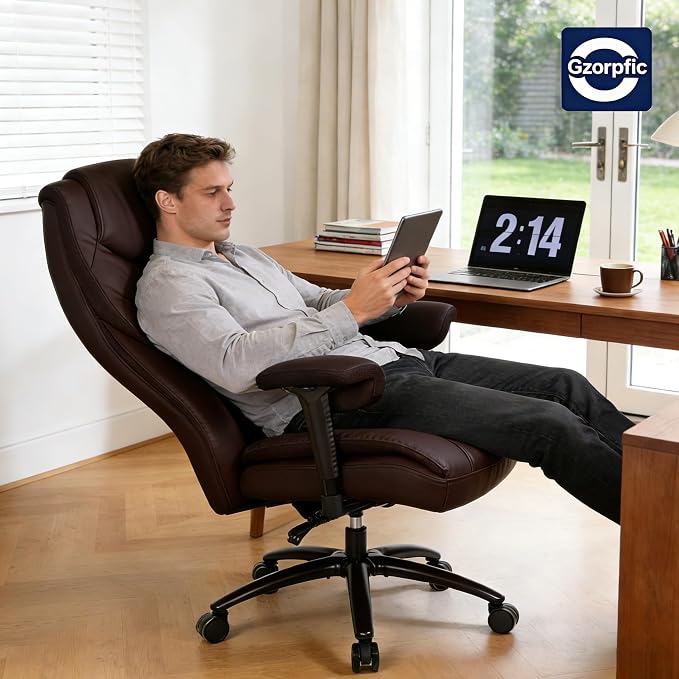 Big and Tall Office Desk Chair with 5-Position Armrests, 650 LBS Heavy Duty Executive Office Chair Comfy, Extra Wide Seat, High Back Computer Chair with Lumbar Support, Reclining Tilt Lock (Brown)