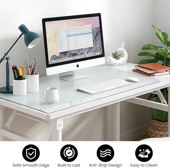 VASUHOME 24" x 18" Premium Tempered Glass Desk Mat with Beveled Edge - Ergonomic Desk Protector, Crystal Clear, Dry Erase Surface, Ideal Table Top Protector for Home & Office