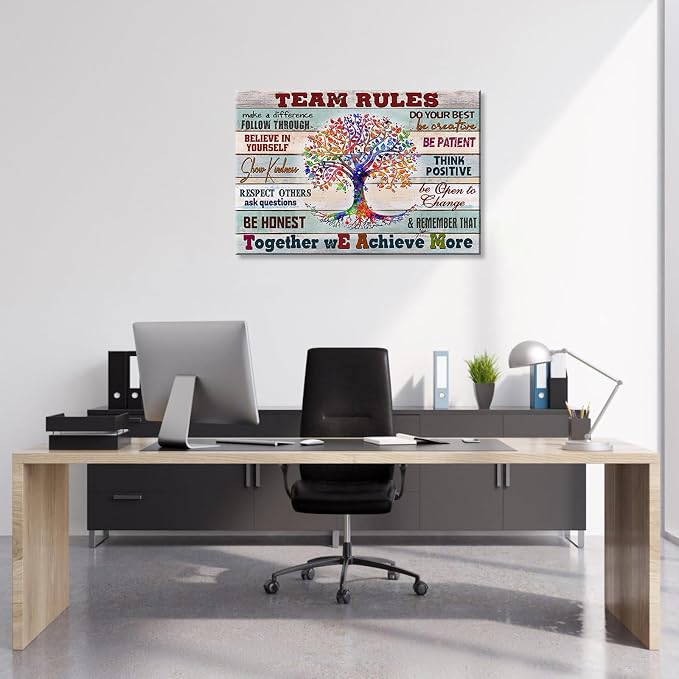 Inspirational Wall Art for Office - Team Rules Motivation Positive Quotes Colorful Tree Signs Framed Painting Prints Artwork for Home 24x16in