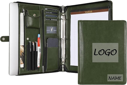 Green Leather Padfolio for Women/Men, Business 3 Ring Portfolio Binder, Personalized Zippered Organizer for A4 Notepad & 13-inch Laptop/Tablet