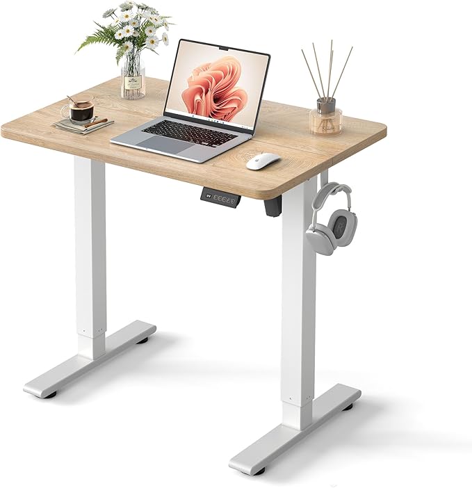 Cubiker Standing Desk, 32" Small Sit Stand Home Office Desk, Electric Stand up Desk, Adjustable Desk with Splice Board, White Frame/Maple Top