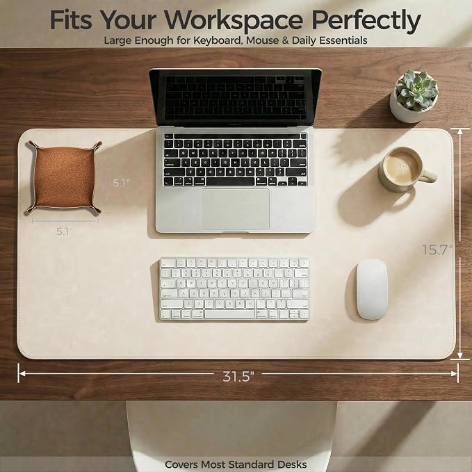 Premium Faux Leather Desk Mat & Tray Set，Innovative Cork-Look Printed Base，Gift Tube Packaging，Full-Desk Coverage，Non-Slip Desk Pad for Office Home（Ivory White）