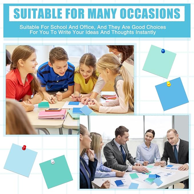 Sticky Notes 3 x 3 Inch Coastal Colors Self Stick Pads Blue Color Notepads Easy to Post for Home, Office, Notebook,100 Sheets/pad(6 Packs)