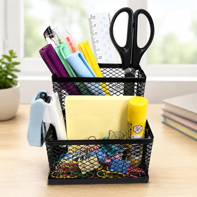 SHFKS Pen Holder for Desk Organizer,2Compartments Office Supply Organizer for School Home Office（Black）
