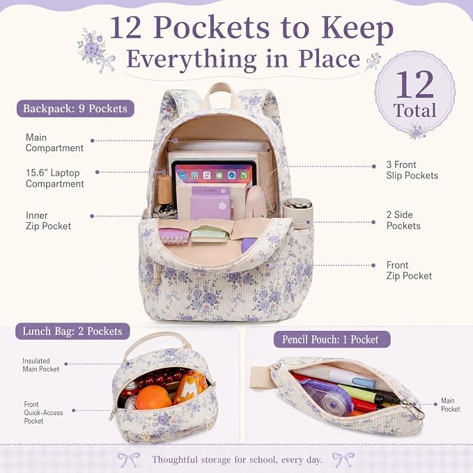 BTOOP School Backpacks for Teen Girls Bookbags Lightweight Kids Backpack School Bags Set with Lunch Box Pencil Case