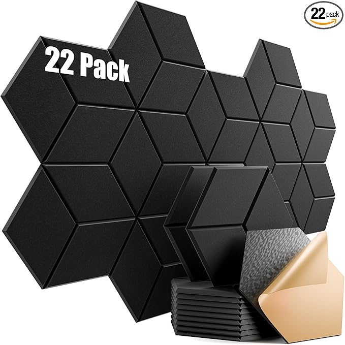 22 Pack Self-Adhesive Acoustic Panels 12" X 10" X 0.4" - Sound Proof Foam Panels with High Density, Fashionable Y-Lined Design, Flame Resistant, Absorb Noise and Eliminate Echoes(Black)