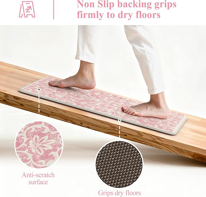 LEEVAN Pink Kitchen Mats for Floor Sets of 2, Vintage Distressed Anti Fatigue Memory Foam Kitchen Mat for Laundry,Non Slip Cushioned Standing Mat for Home, Office, Desk,Sink(17.3"x29"+17.3"x59")