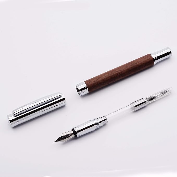 LACHIEVA LUX Walnut Fountain Pen, German Fine Nib, Smooth Ink Flow, Wooden Gift Box with Converter & 2 Cartridges, Fancy Pen for Men and Women