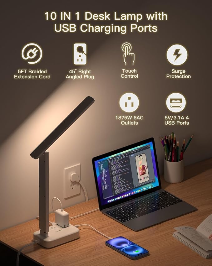 One Beat Desk Lamp with 6 AC Outlets & 4 USB Ports (2 USB-C), Touch Control LED Lamp, 4 Color Modes 5 Brightness Levels,Eye-Caring Reading Lamp,5ft Cord,Home Office College Dorm Room Essentials