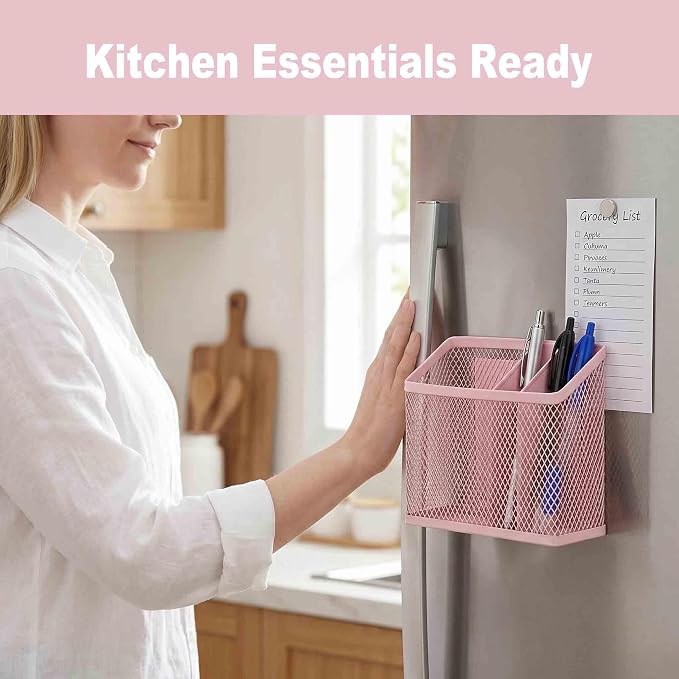Neudeco Magnetic Pen Holder-Strong Magnet Mesh Storage Basket for Refrigerator, Kitchen, Locker-Magnetic Marker Holder on whiteboard for Dry Erase Markers for school, office, Pack 2 (Pink)