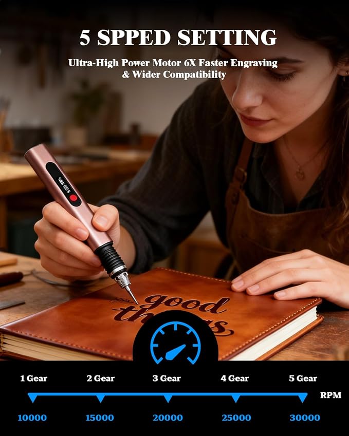 Cordless Engraving Pen for Metal Wood Glass Plastic, Engraving Tool 44Kits, 5 Speeds Up to 30000RPM, 500mAh USB Rechargeable Engraver Kit Craft Gifts for Teens Adults Beginner with Guide Book (Rose)