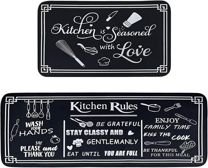 Kitchen Rug Sets of 2 Piece Non Slip Kitchen Rugs and Mats Washable Kitchen Mats for Floor Kitchen Carpet Runner Rugs Decor for Laundry Bathroom Living Room,Black Kitchen Rules 20"x 59"+20"x 32"