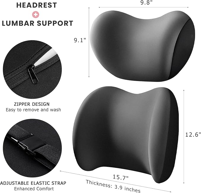 2 PCS Car Headrest & Lumbar Support Cushion, Ergonomic Memory Foam Lumbar Pillow Neck Rest Cushion, Breathable Back Pillow & Headrest Support for Driving Seat, Car Accessories (Gray)