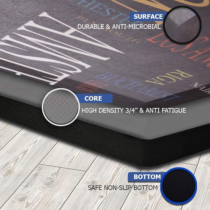 Mabel Home Anti Fatigue Floor Mat- 3 Size(20x32 & 20x39 & 24x70),16 Colors - Standing Desk Mat-Kitchen Floor Mat-Stain ResistantHome Non-Slip Bottom, Extra Soft (Typography, 24" x 70")