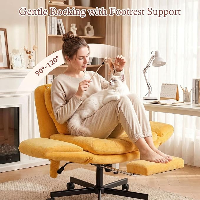 Criss Cross Office Chair with Footrest and 5-Gear Adjustable Arms, Yellow | Wide seat cross-legged desk chair, flip lumbar pillow, airbag support, linen fabric, for home office, vanity and meditation