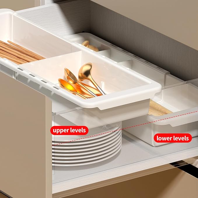 Deep 2.3" Expandable Drawer Organizer 11-18" White Plastic Tray | Expandable 11-18" Deep 2.3" PET Drawer Organizer|White Tray|Office Kitchen Bathroom|Dual-Slot Design|Durable BPA-Free