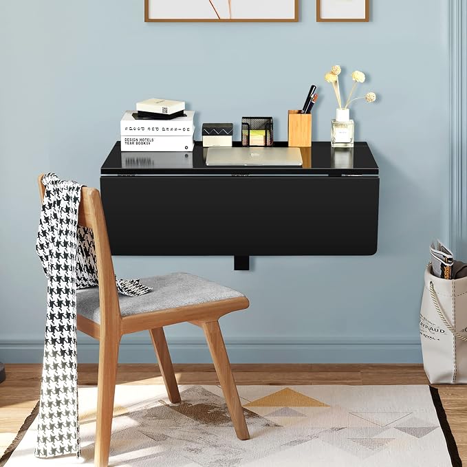 COSTWAY Wall Mounted Folding Table, 31.5" x 23.5" Drop-Leaf Floating Writing Desk for Small Spaces, Space-Saving Fold Down Laptop Workstation for Kitchen, Bedroom, Laundry Room, Study Room (Black)
