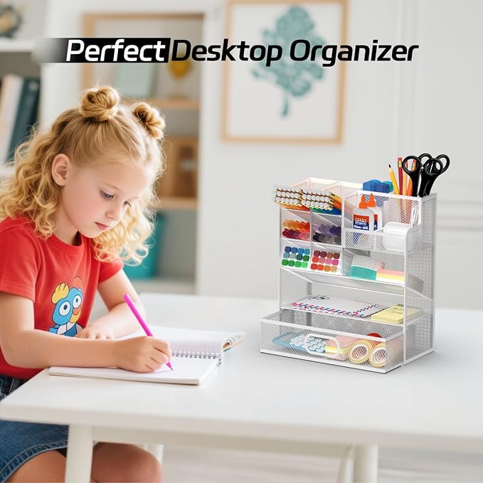 Mesh Pen Organizer for Desk, 13 Compartments with Drawer, White | Metal mesh pencil holder and desk organizer with tilted slots for easy access to stationery at home, school or office