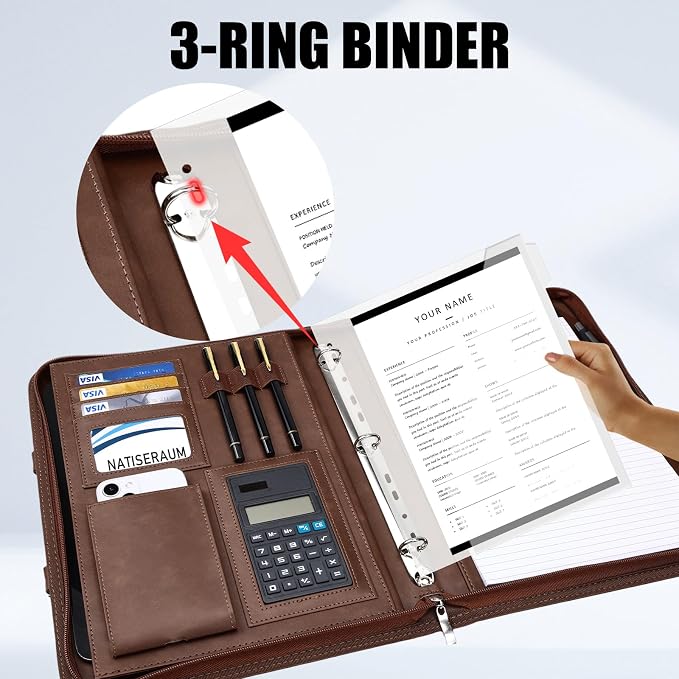 Portfolio Binder - 3 Ring Binder with Magnetic Handle, Vegan Leather Business Padfolio Folder with Notepad, Includes 5 Dividers with 10 Pockets for Documents Files