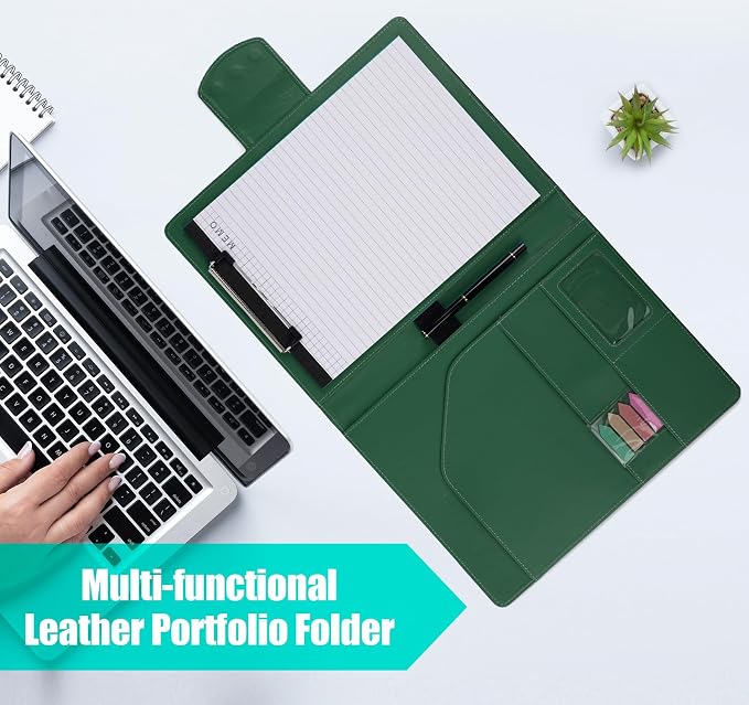 A4 Leather Portfolio,All-in-One Folder Legal Pad Padfolio,Business Interview Legal Organizer with Magnetic Closure,Resume Folder Binder with Luxury Papers,Sticky Tab,Pen for Men & Women,Retro Green