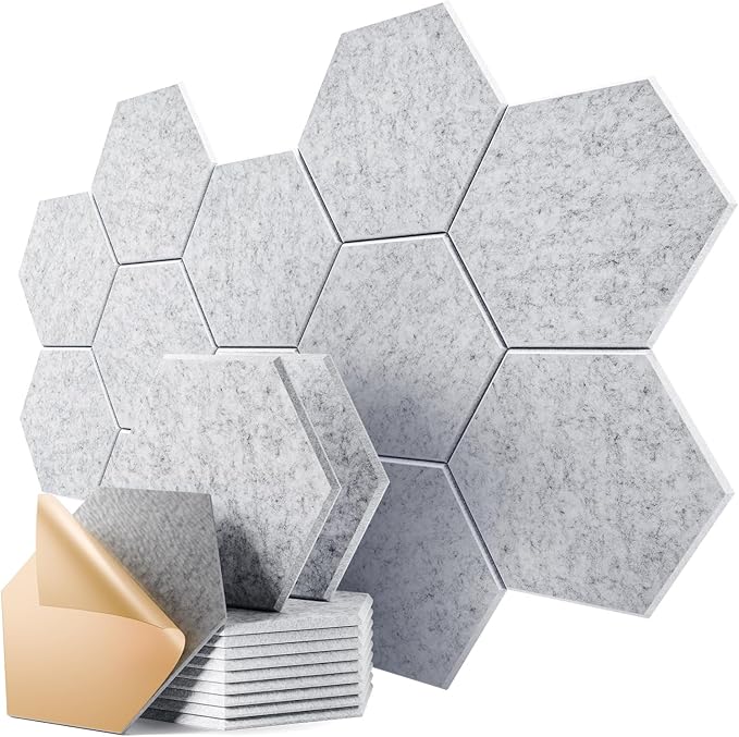 12 Pack Self-Adhesive Acoustic Panels 12" X 10" X 0.4" - Sound Proof Foam Panels for Walls, Hexagonal Design, High Density, Absorb Noise and Eliminate Echoes(Silver Gray)