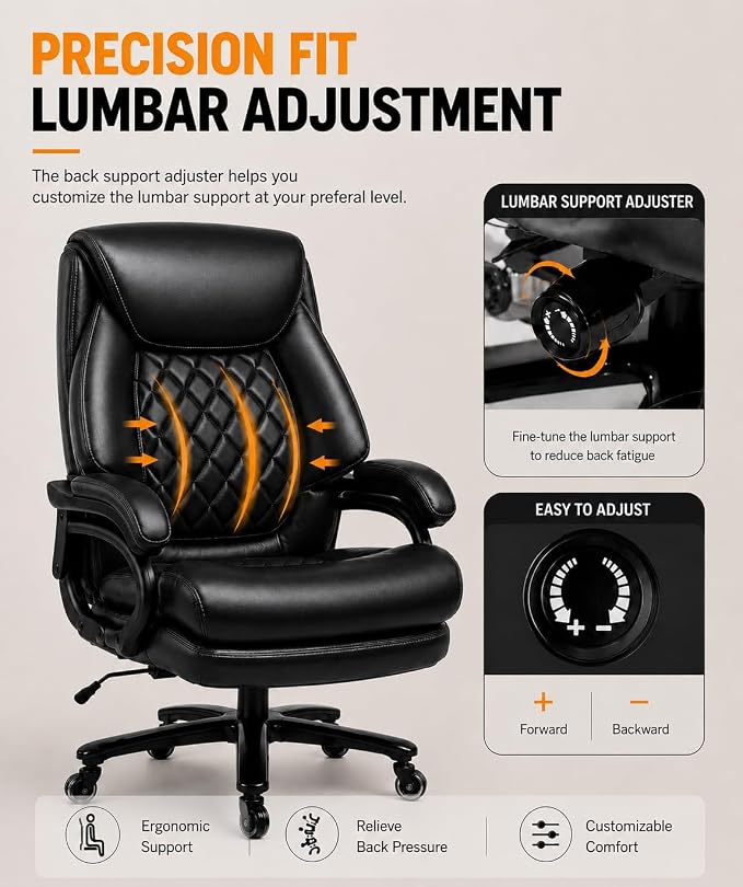 Big and Tall Executive Office Chair with Adjustable Lumbar Support, Extra Wide Seat, Heavy Duty Computer Desk Chair for Long Working Hours, Gaming & Home Office, Quiet Rolling Wheels