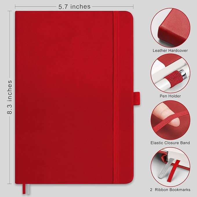 RETTACY Graph Grid Paper Notebook, 2-Pack, 192 Pages per Pack, A5 Medium Size (5.7'' x 8.3''), Leather Hardcover, 100 GSM Thick Paper, for School, Students, Math, Engineering (Black & Red)