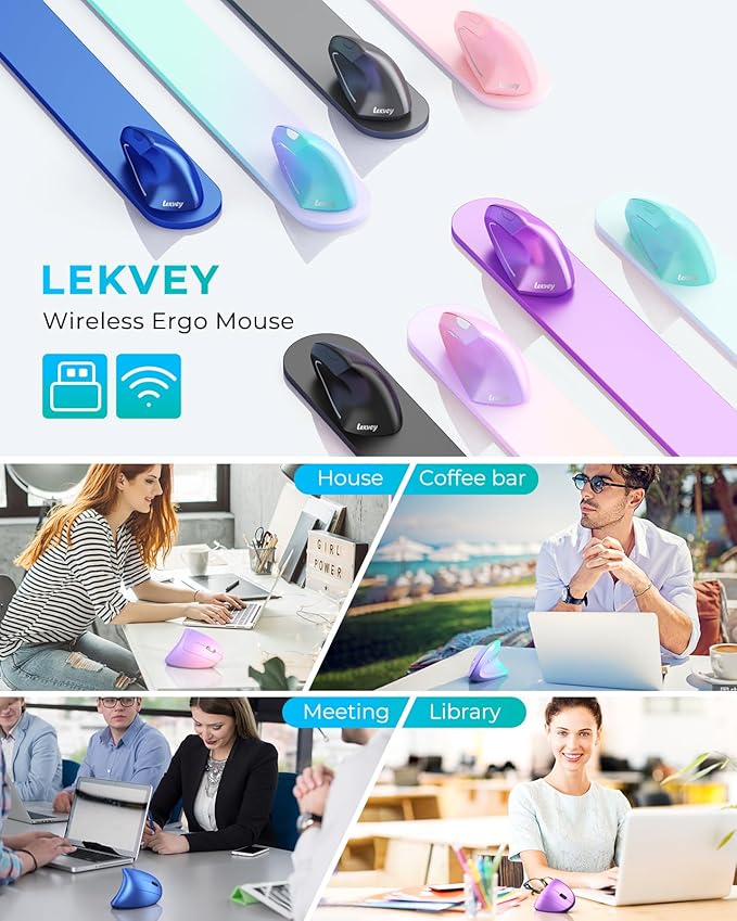 Lekvey Ergonomic Mouse, Vertical Wireless Mouse: Rechargeable Optical Carpal Tunnel Mice with 2.4G USB Receiver, 1000/1200/1600 DPI, 6 Buttons, for Laptop, Computer, Mac, PC, Desktop, Notebook, Black