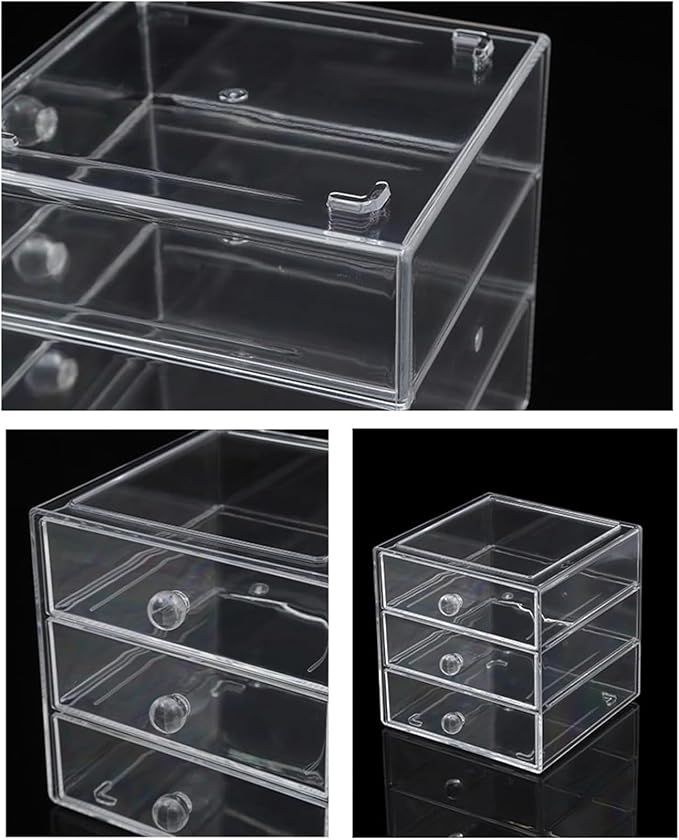 AJIODA Makeup Drawer Organizer Box with 3 Drawers, Acrylic Cosmetic Display Case Vanity Organizer Jewelry Storage Box Stackable Storage for Cosmetics, Skin Care, Bathroom, Countertop, Gold Handle