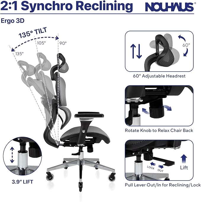 Nouhaus Ergo3D Ergonomic Office Chair Grey | Dynamic Lumbar Support, Mesh High Back, 4D Armrests, Adjustable Headrest, Aluminum Base, BIFMA, SGS, 2 Sets of Wheels