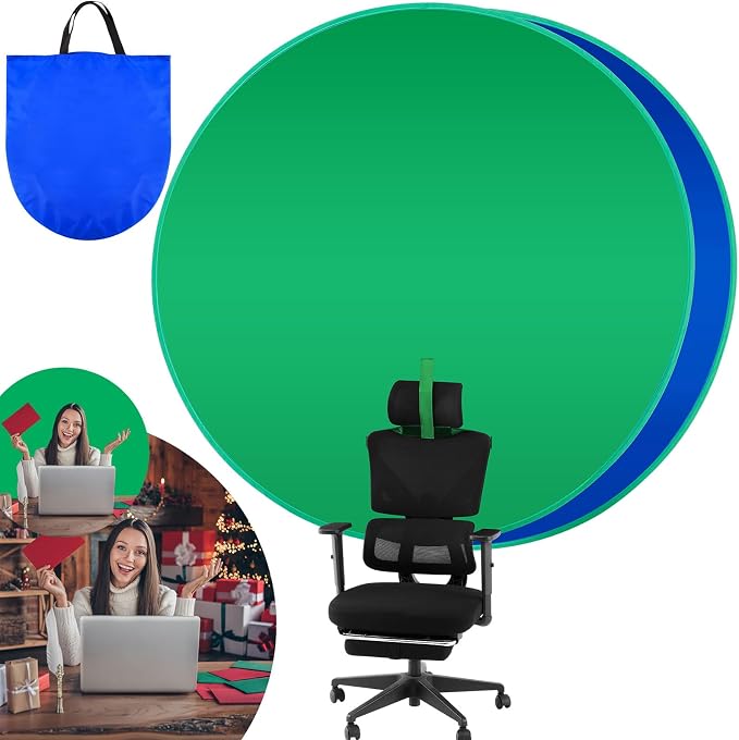 Briwooody Collapsible Blue Green Screen Backdrop (56") Double Sided Webcam Portable Background for Green Screen Chair with Storage Bag 2 in 1 Pop up Backdrop for Live Streaming Video Meeting
