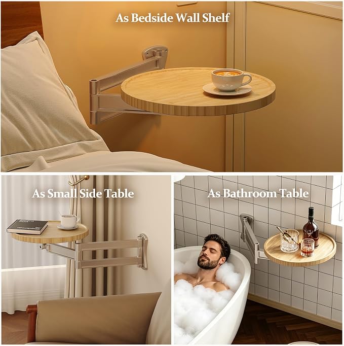 Wall Mounted Folding Table,Retractable Small Bamboo Drop Down Floating Wall Desk,11.8" Round Wood Tabletop with Aluminum Alloy Brackets,Bedside Wall Shelf Drop Top Desk,Fold Down Nightstand
