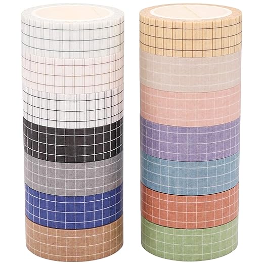 Knaid Grid Washi Tape Set, 14 Rolls of 15 mm Wide Decorative Colored Masking Tapes for Scrapbooking, DIY Decor and Crafts, Bullet Journals, Planners, Junk Journal, Gift Wrapping